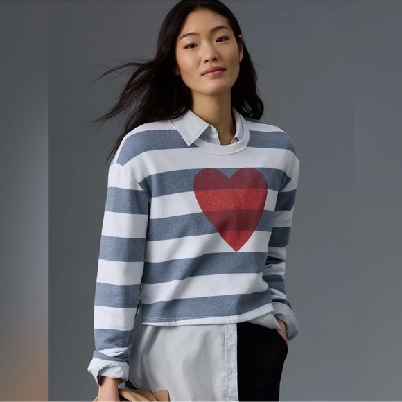 Sundry by Anthropology Cropped Crewneck Heart Striped Sweatshirt - Picture 3 of 10